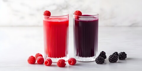 Raspberry and Blackberry Juice in Ribbed Glasses Fresh Berries
