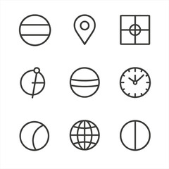 Outline Time Zone Icons. Outline style icons of time zone coordinates: latitude line, longitude mark, grid point, polar axis,
