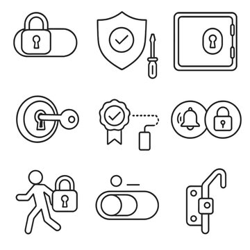 Outline Security Icons. Outline style icons of toggle switch security: lock switch, tamper proof, access panel, key switch,