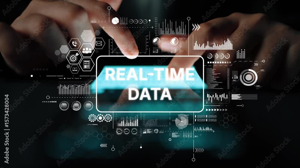 Poster innovative technology screen displays real-time data analysis with hands on touchscreen interface. a