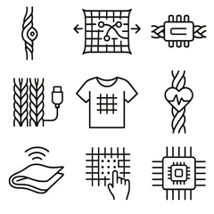 Smart Textile Icons. Outline style icons of Smart and Technical Textiles: fiber sensor icon, stretchable circuit cloth, embedded