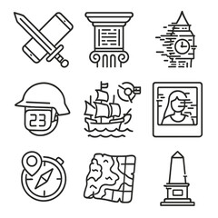 Historic Time Anomalies Icons. Outline style icons of Historic Time Anomalies: medieval sword with modern phone, Roman column with