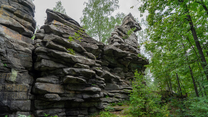 Seven Brothers and One Sister, remnants of rock at top of Semibratskaya Mountain in Middle Urals,...