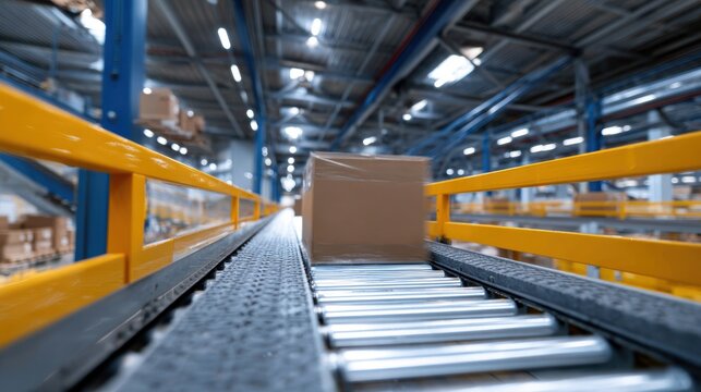Warehouse interior with automated robotic systems moving goods efficiently. Automation, modern logistics. High tech.