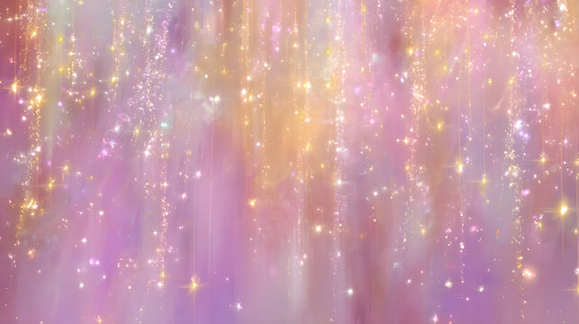 Soft glittering fairy realm background with whimsical haze and gentle rose gold and lavender sparkles scattered in a dreamy futuristic ambiance with an uplifting and serene tone