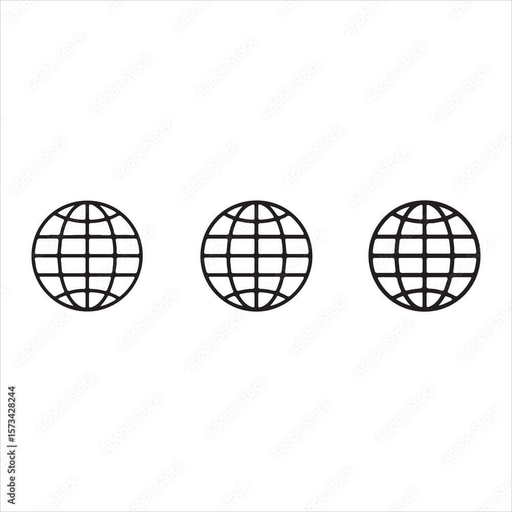 Poster three black and white globe icons depicting global connections and networking in a minimalist and mo