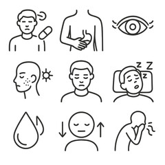 Medication Side Effect Icons. Outline style icons of Medication Side Effects: dizziness after pill, stomach upset, blurred vision,