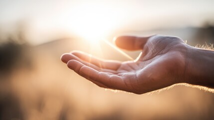 Open Hand Reaching Towards Bright Sunlight With Warm Defocused Background