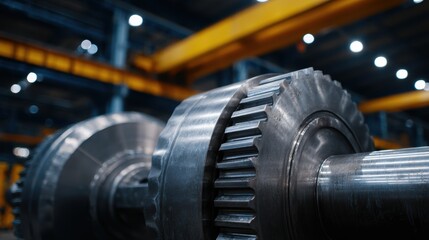Vibrant industrial factory scene showcasing large motor and metal transmission parts