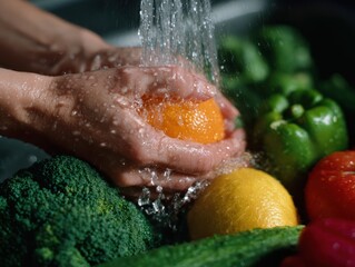 Person washing fresh fruits and vegetables under running water, food hygiene. Cleanliness, healthy eating. Authentic.