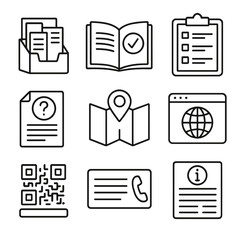 Support Resources Icons. Outline style icons of Support Resources: brochure rack, guidebook icon, help list on board, printed