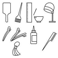 Women's Balayage Kit Icons. Line style icons of Women’s Balayage Kit: balayage paddle, tint brush, balayage film strip, clay