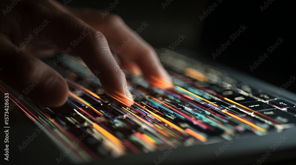Poster fingers typing on a computer keyboard with motion blur creates colourful light trails effect for tec