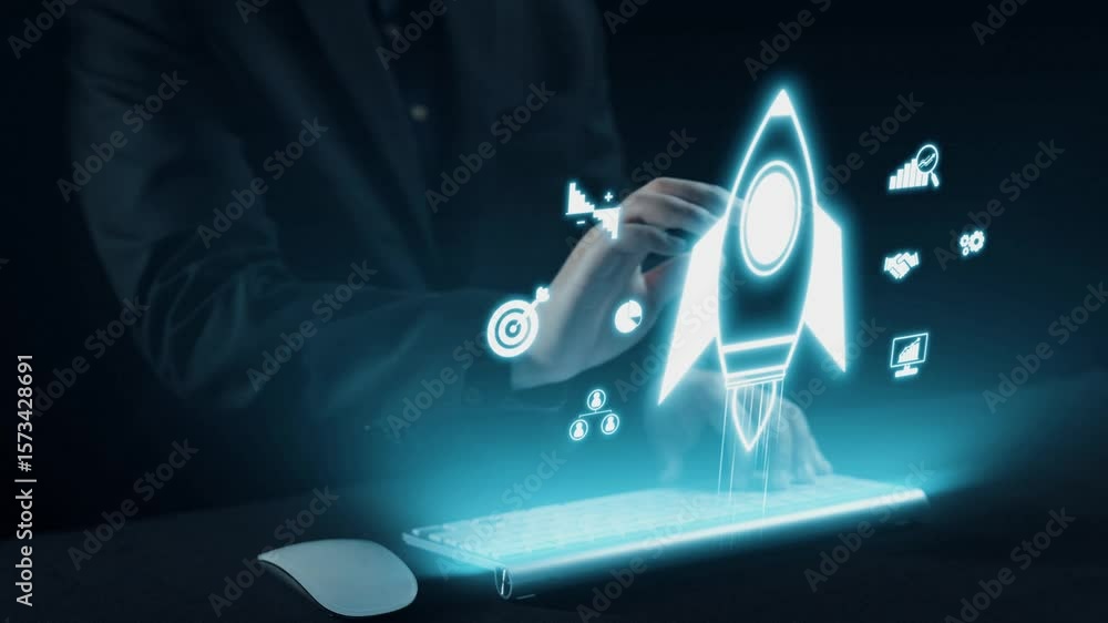 Poster hands on a glowing keyboard engage with a futuristic digital interface showcasing abstract data visu