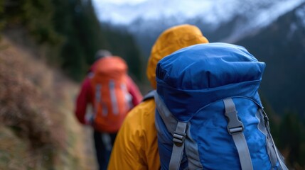 Backpackers hiking on mountain trail with backpacks
