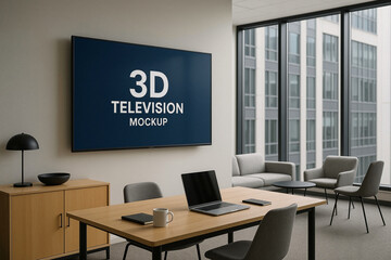 Modern office interior with 3D television mockup on wall  