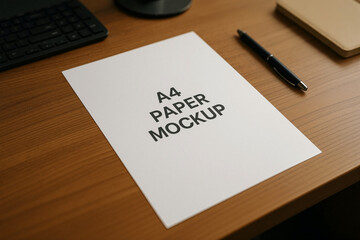 A4 paper mockup displayed on wooden desk with pen and notebook  