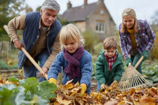 Family working together picking up autumn leaves in garden