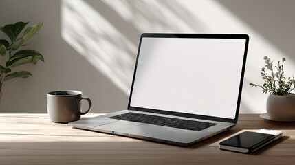 Fototapeta premium Serene workspace featuring a modern laptop with a blank screen, plants and warm sunlight creating a peaceful ambiance