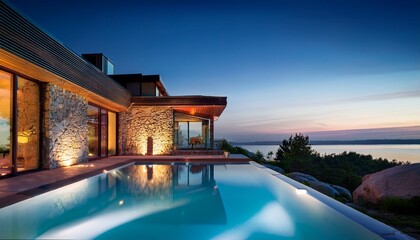 Fototapeta premium modern stone house with illuminated pool by the water at evening time