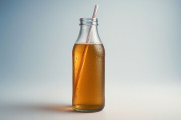Chilled drink bottle with straw and amber liquid against blue background  
