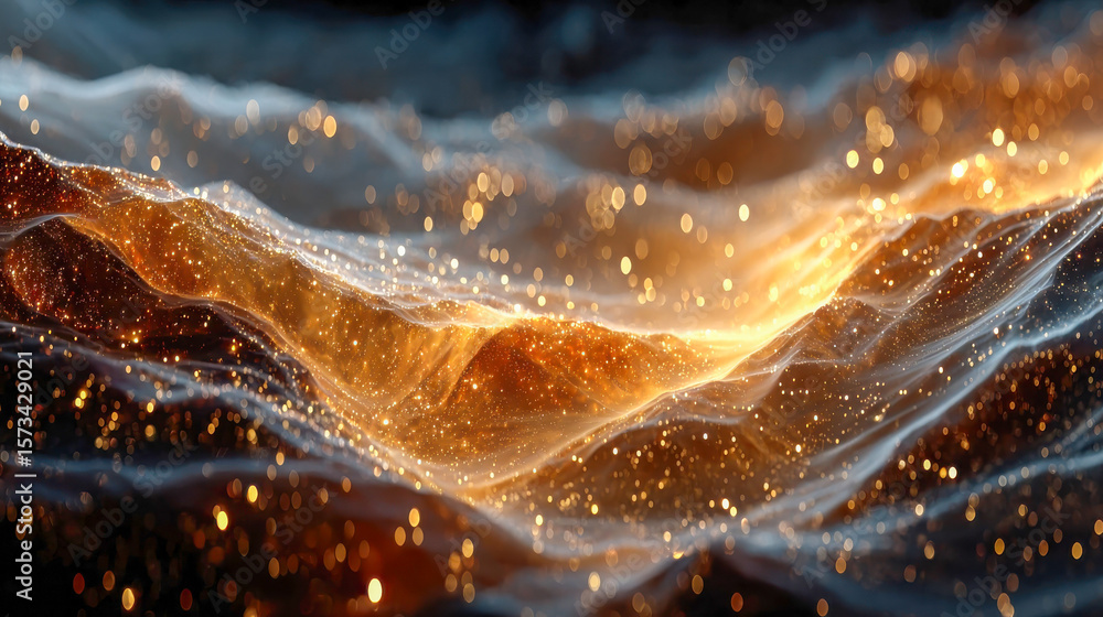 Poster abstract scene of fluid golden waves shimmering with bokeh and sparkling particles, evoking movement