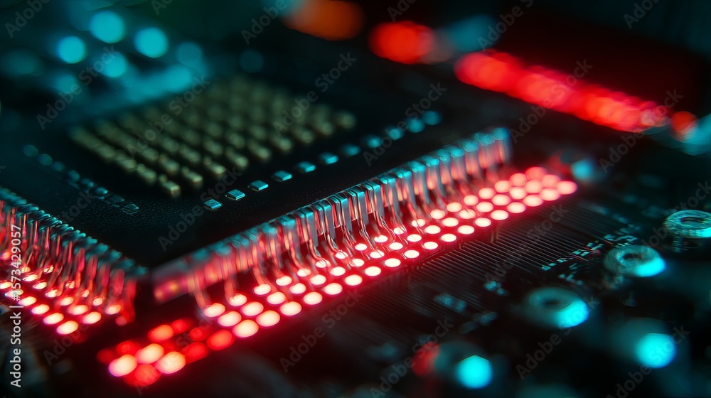 Poster intricate circuit board glowing with vibrant red and cyan lights reflecting the future's technology 