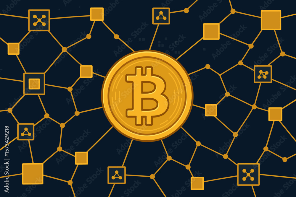 Poster blockchain technology and bitcoin cryptocurrency network concept. golden bitcoin coin with networkin