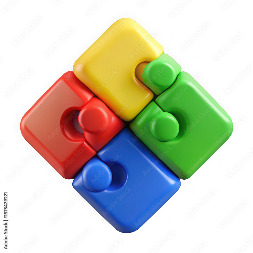 Poster four colorful interlocking puzzle pieces forming a square isolated on transparent background