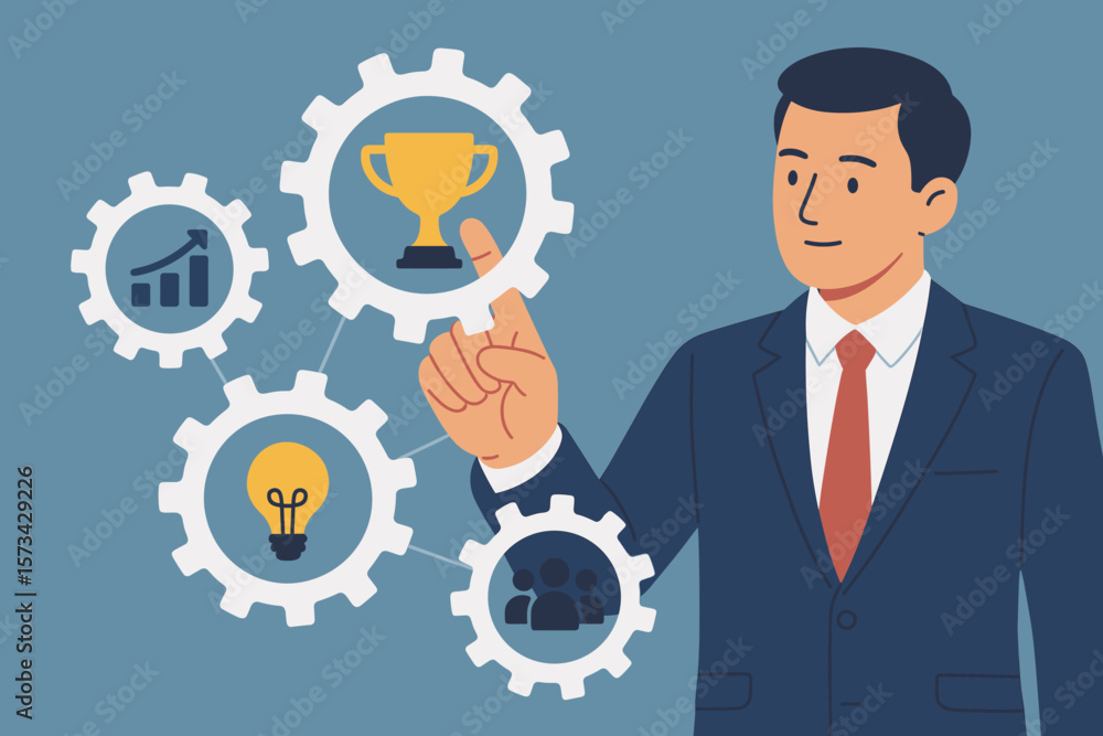 Poster business mechanism concept with businessman managing processes. gears with icons for success, trophy