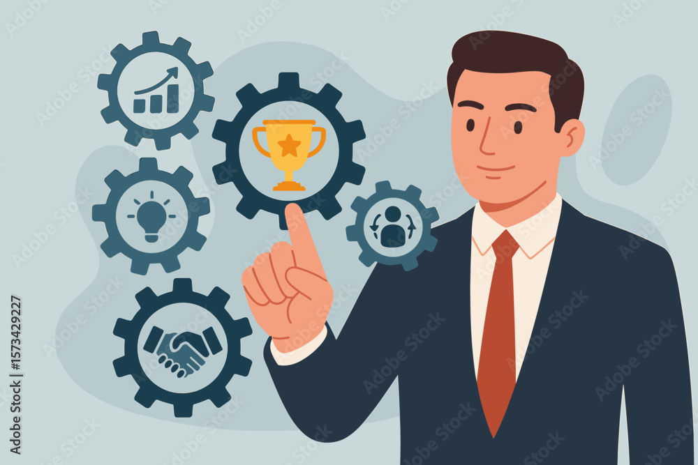 Aufkleber business mechanism concept. manager touching a virtual screen with gears. workflow automation, succe
