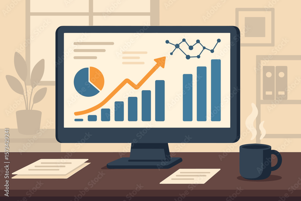 Aufkleber business report with sales data on computer screen. economic growth graph. financial chart analysis.