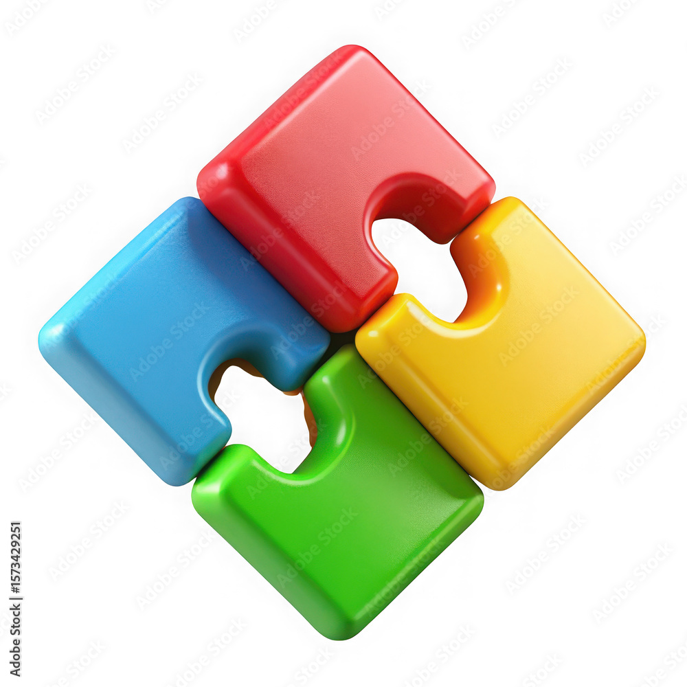 Poster four colorful puzzle pieces interlocking in a diamond shape isolated on transparent background