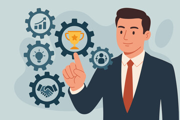 Business mechanism concept. Manager touching a virtual screen with gears. Workflow automation, success strategy, financial growth, innovation, and partnership vector icons.