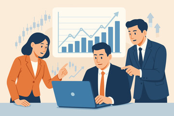 Business team collaboration analyzing stock market data on laptop. Colleagues discussing investment strategy with growth chart. Financial analysis and trading concept vector.