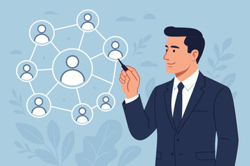 Businessman managing client network structure. Customer retention, acquiring new customers for global expansion. Strong customer loyalty, team building, HR management concept vector.
