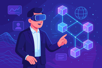 Businessman in virtual reality headset explores metaverse and blockchain technology. Man interacts with futuristic augmented reality user interface. Digital network concept.