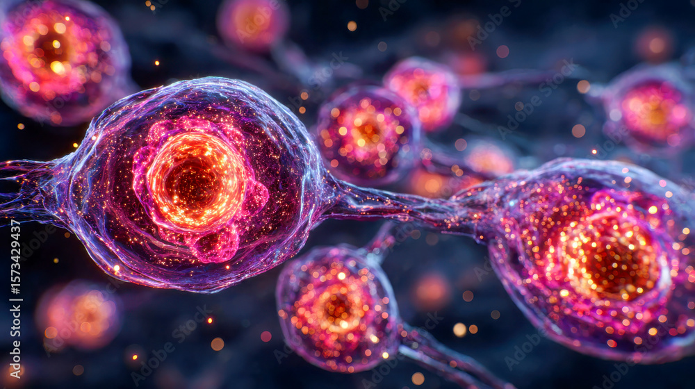 Poster microscopic abstract view of glowing neural or cell-like structures with vibrant pink and orange ene