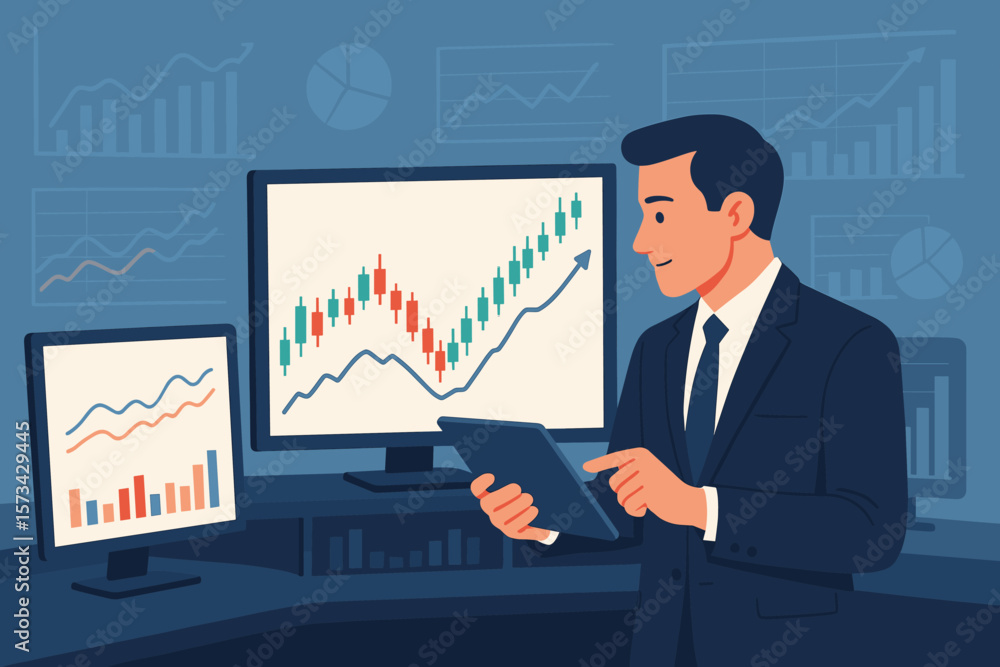 Aufkleber businessman trader analyzing stock market data on computer and tablet. financial analyst monitoring 