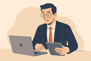 Businessman working at office desk with laptop and tablet. Multitasking concept. Modern business technology and productivity. Professional manager or clerk. Flat vector cartoon.
