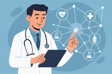 Doctor with a tablet and stethoscope analyzes medical data on a virtual interface. Healthcare technology, telemedicine, digital e-health, and cardiology research concept vector.