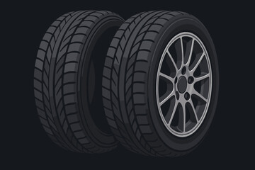 Close up of car tires with sport alloy wheels on a dark background. Modern flat vector cartoon illustration for automotive service, car repair shop, transport, or racing.
