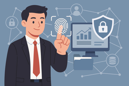 Businessman using fingerprint scan for online access and business data security. Biometric technology for secure data management, virtual network connection, and authentication.
