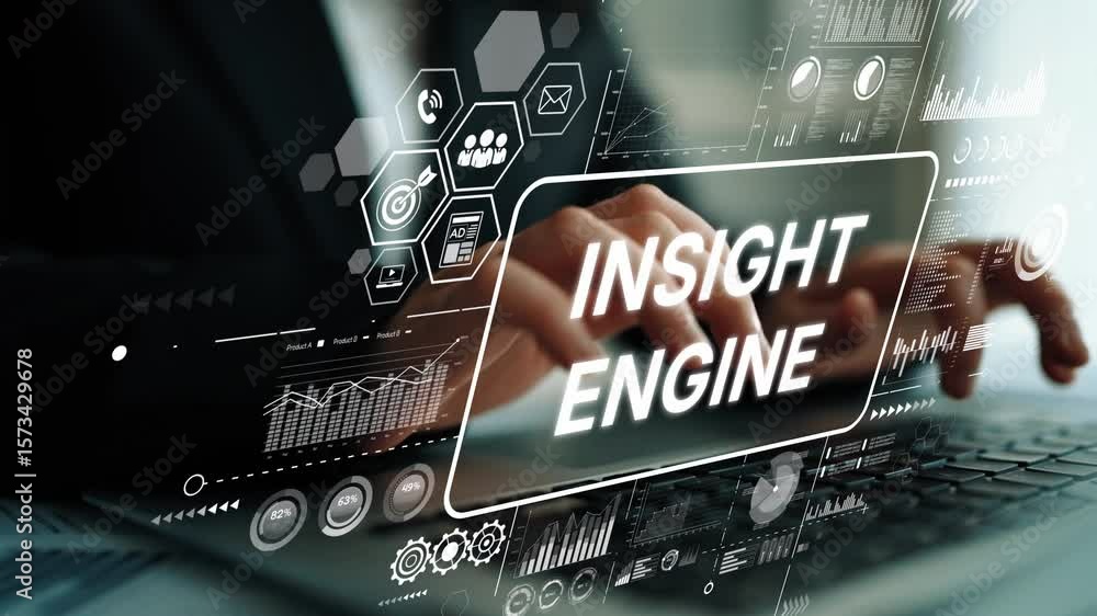 Poster Hands Typing on Laptop with Insight Engine Concept and Digital Data Analytics Visualizations in a Business Environment. Asymptotic smart data analytic.