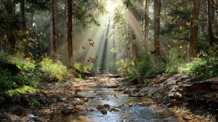 Sun-drenched forest stream filled with fluttering butterflies, nature's peaceful haven