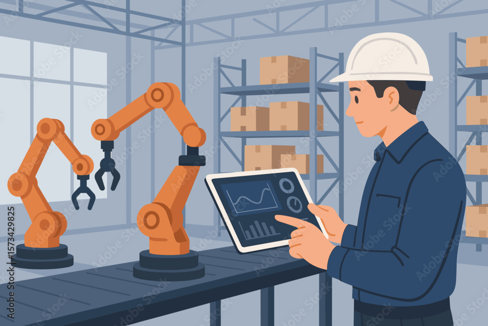Poster engineer using tablet to control robotic arms on conveyor belt. smart factory automation, industry 4