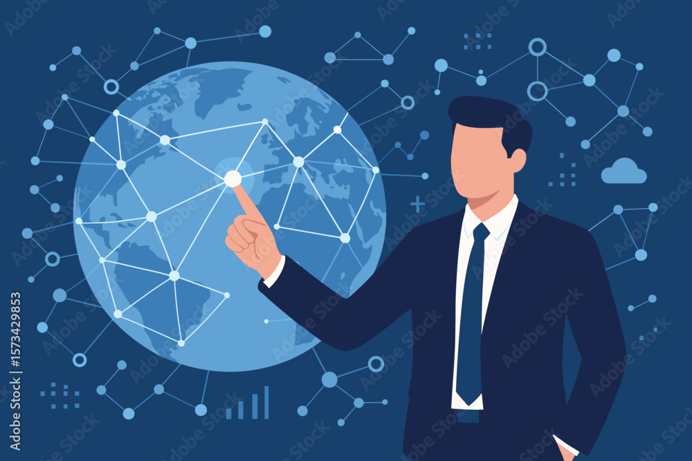 Poster global business network concept. businessman touching global network, data exchanges in cyberspace. 