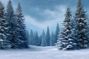 Snow covered evergreen trees winter landscape serene snowy mountain forest scene falling snow tranquil blue sky peaceful snowy field