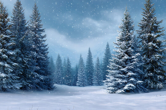 Snow covered evergreen trees winter landscape serene snowy mountain forest scene falling snow tranquil blue sky peaceful snowy field