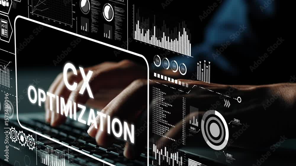 Poster hands typing on keyboard with abstract analytics graphics emphasizing customer experience optimizati
